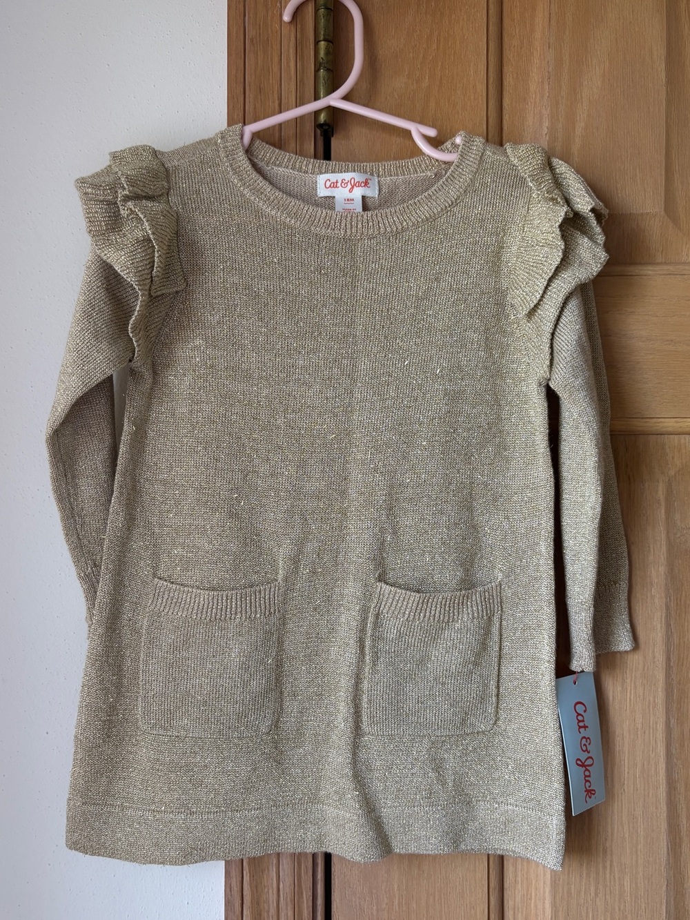 NWT🤍Cat & Jack🤍 Gold Knit Ruffle-Shoulder girls dress 18 M